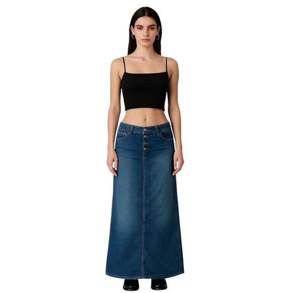 Squeeze Y2K Side Slit Denim Maxi Skirt Blue Size 11 Coastal Fall Retro Baddie - Picture 1 of 11